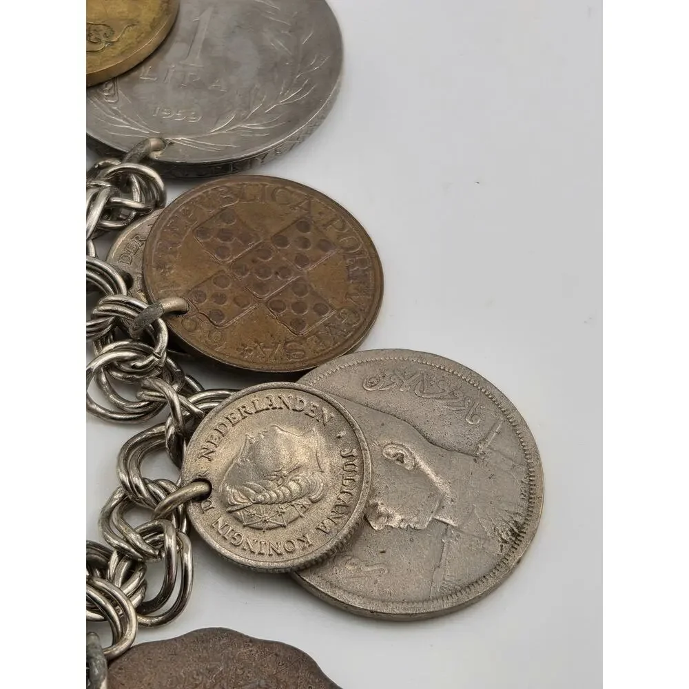 Vintage World Coin Charm Bracelet International Coins Egypt Greece UK 6.75